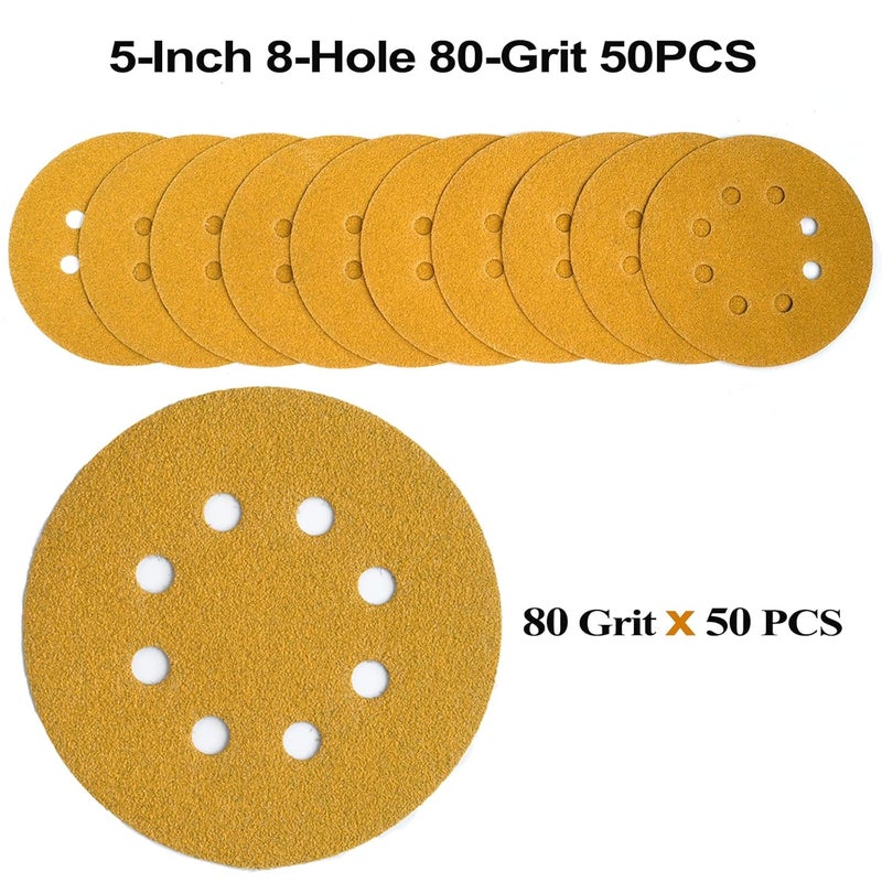 Aiyard 5-Inch 8-Hole Hook and Loop Sanding Discs 80-Grit Random Orbit Sandpaper, 50-Pack - Image 3